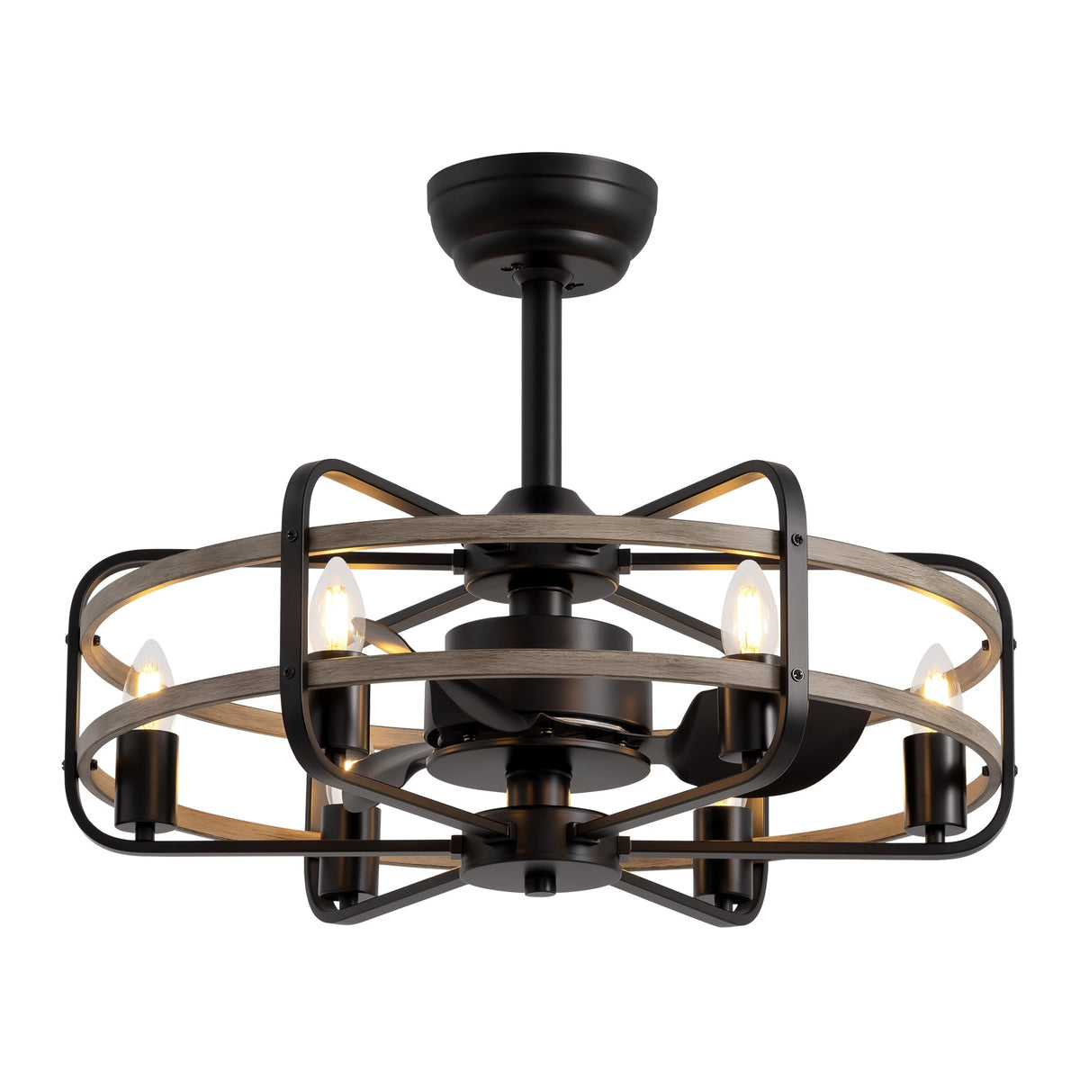 Ventilador de techo moderno de jaula negra para interiores de 25" con luces, rotación reversible y control remoto