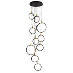 Lámpara de araña geométrica regulable LED de 10 anillos, luz de vestíbulo negra y dorada para techos altos con control remoto y de aplicación