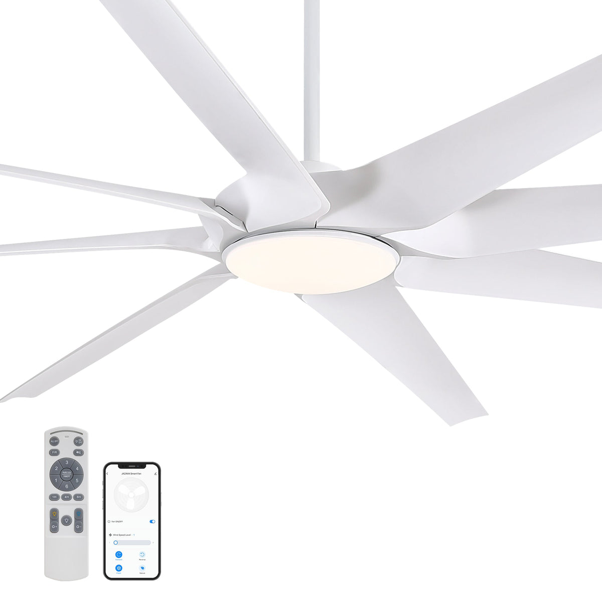 100" Smart Indoor White Industrial Large Downrod 8-Blade Ceiling Fans with Lights and Remote Dimmable