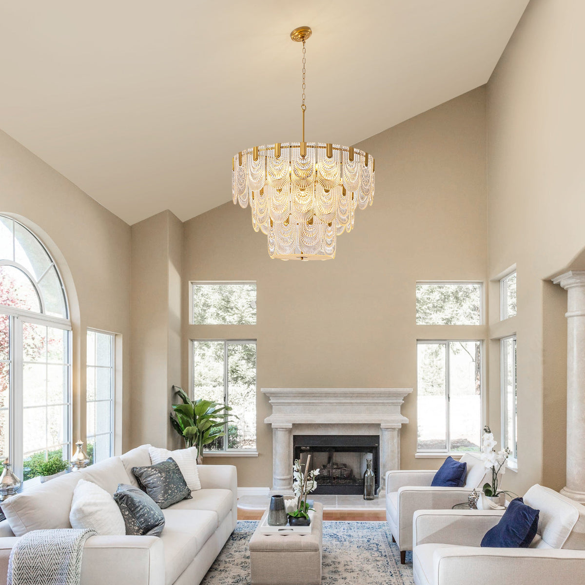 12-Light Modern Electroplated Gold 3-Layer Glass Chandelier for Dining Room and Living Room