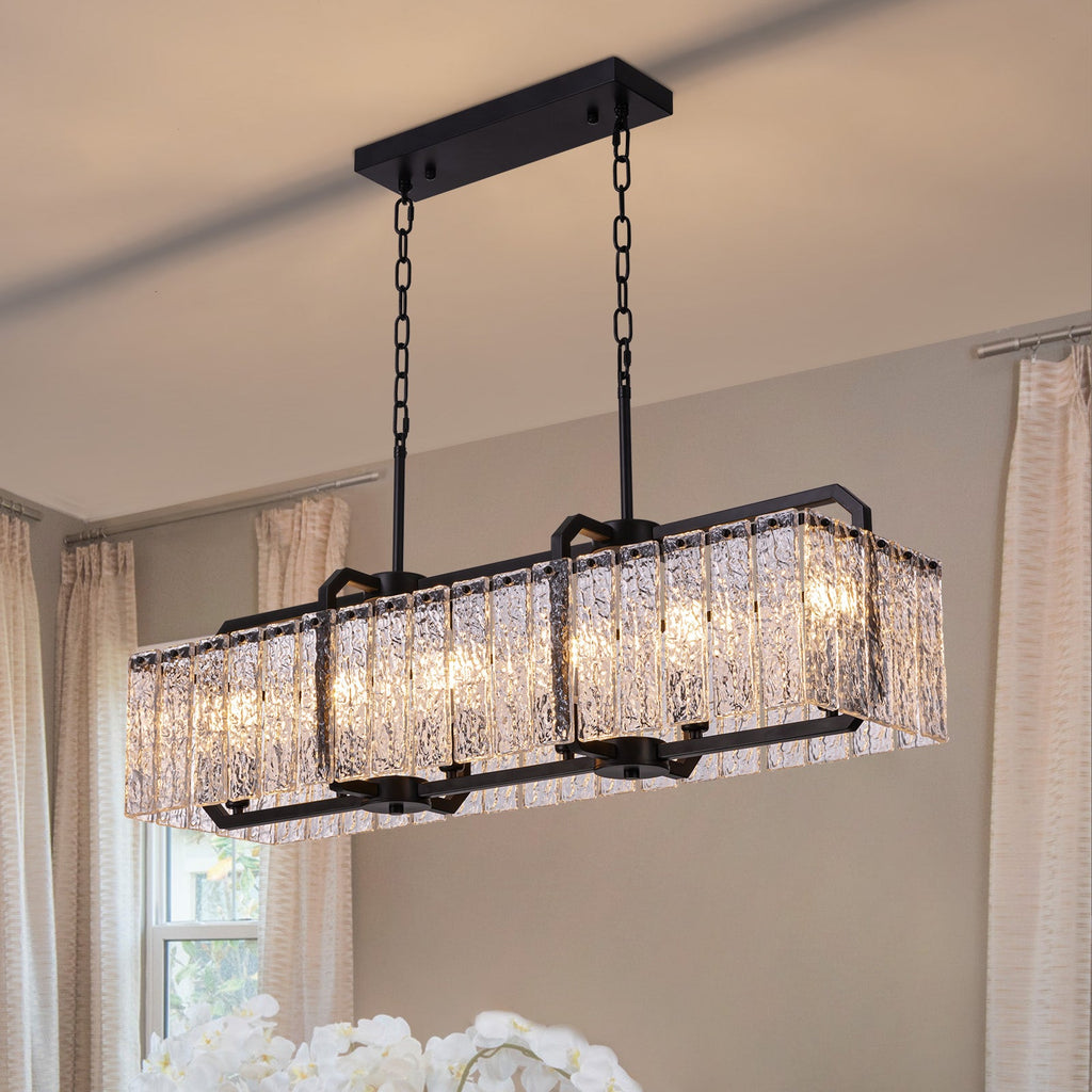 6-Light Modern Dimmable Black Rectangle Crystal Chandelier for Dining Room