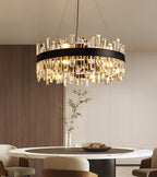 12-Light Modern  Black Crystal Chandelier Circle Round 2-Tiers Chandelier for Dining Living Room Bedroom