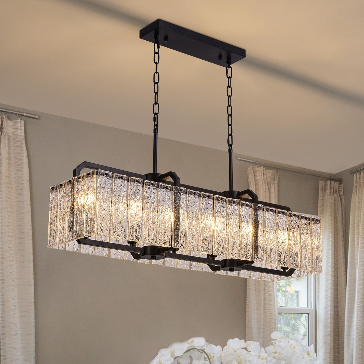 6-Light Modern Dimmable Black Rectangle Crystal Chandelier for Dining Room