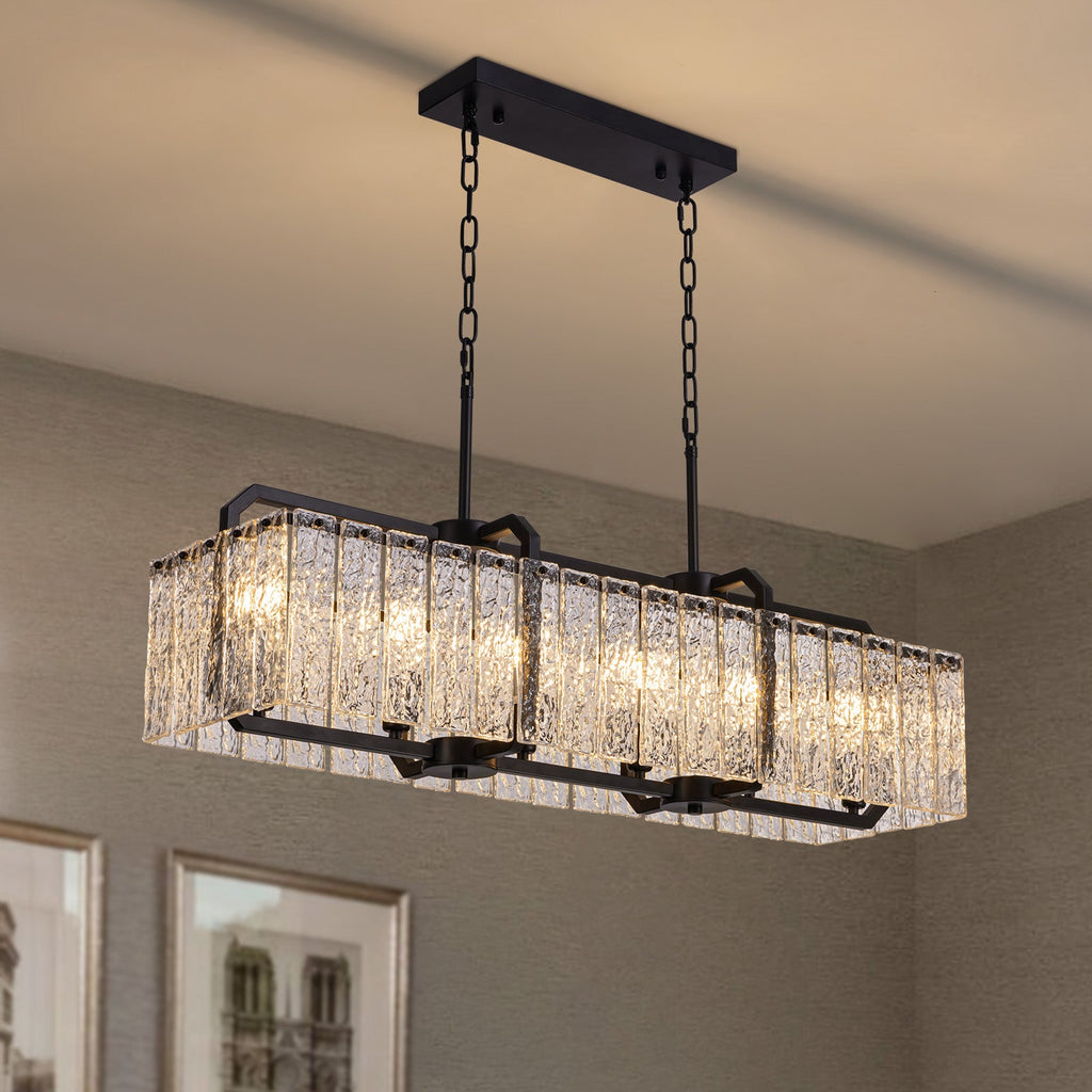 6-Light Modern Dimmable Black Rectangle Crystal Chandelier for Dining Room