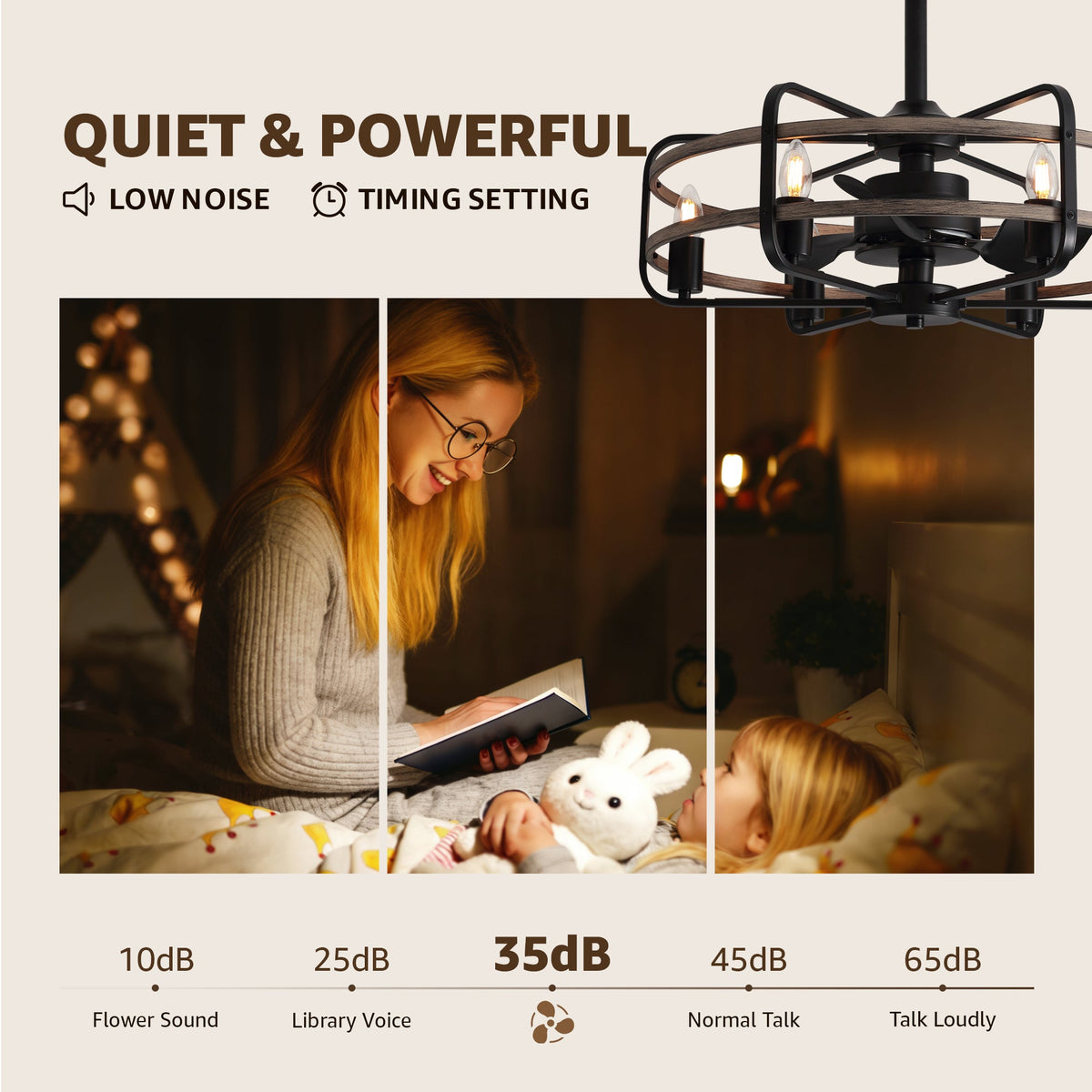 Ventilador de Techo de Granja de 24" con Luz y Mando a Distancia, Ventilador de Techo con Candelabro Rústico con Jaula, Negro para Interiores