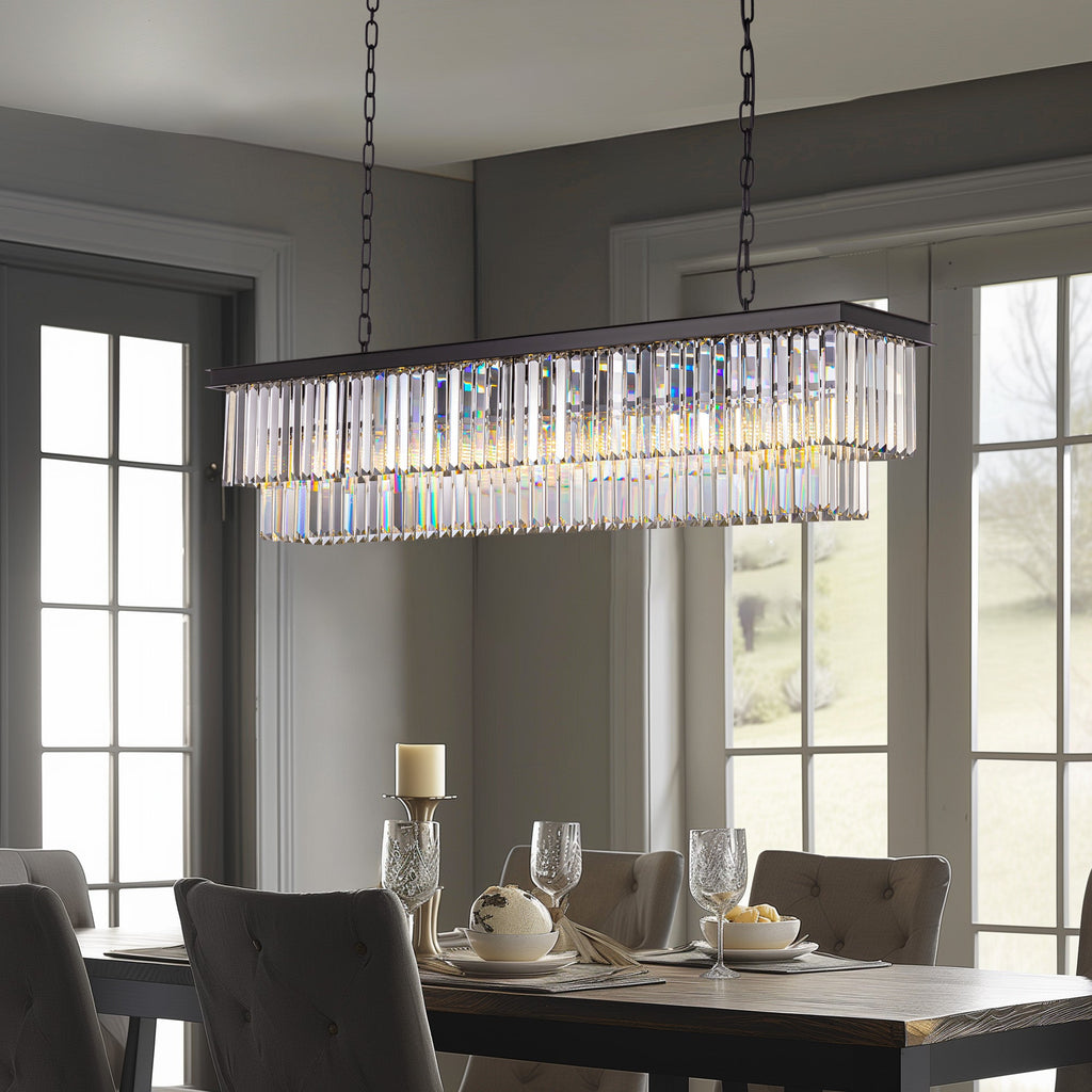 Lámpara de araña rectangular lineal de 8 luces con niveles de cristal negro mate para isla de cocina (bombillas no incluidas)