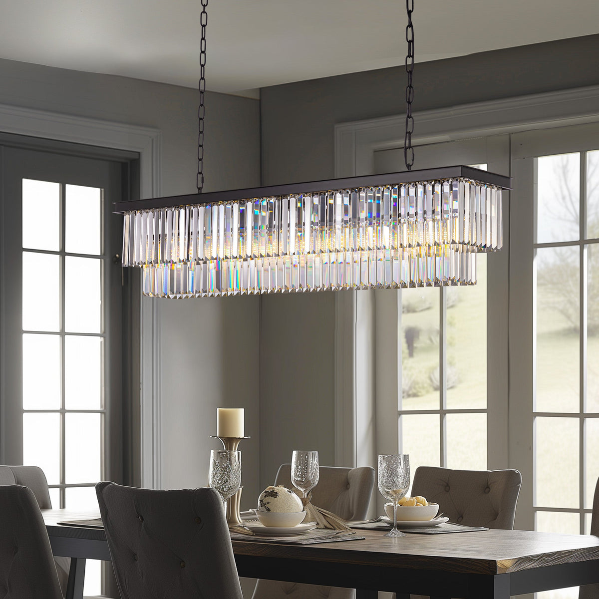 Lámpara de araña rectangular lineal de 8 luces con niveles de cristal negro mate para isla de cocina (bombillas no incluidas)