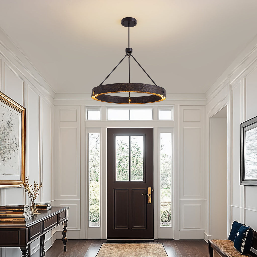 Lámpara de araña rústica redonda con LED integrado, lámpara de techo vintage industrial estilo casa de campo