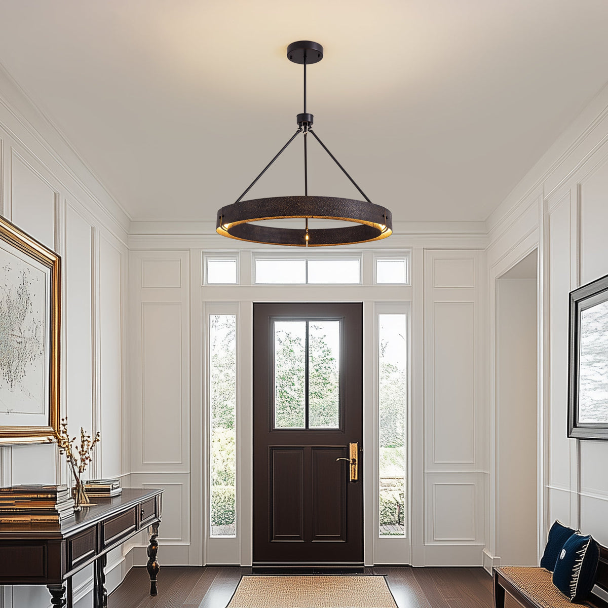 Lámpara de araña rústica redonda con LED integrado, lámpara de techo vintage industrial estilo casa de campo