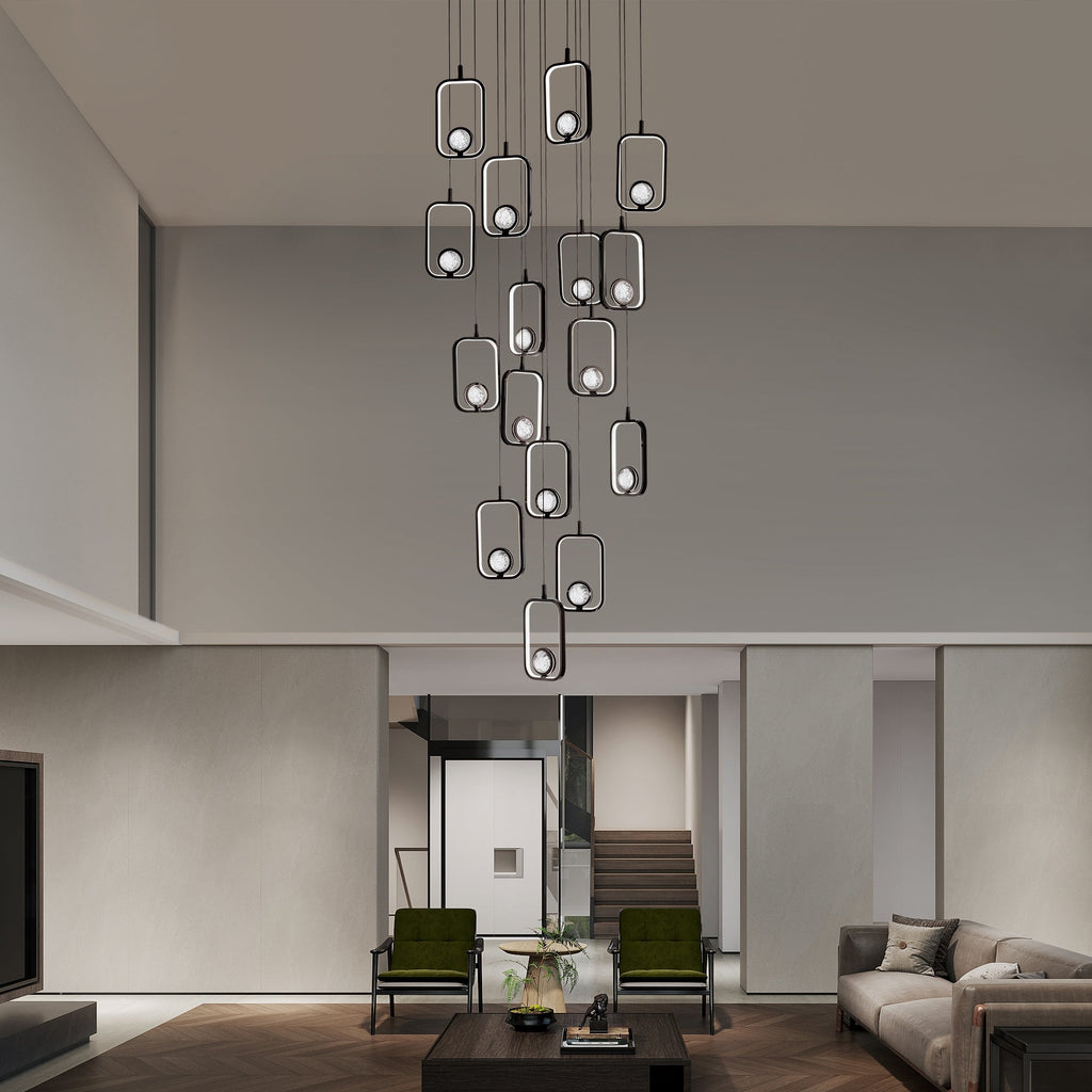 Lámpara de araña cilíndrica negra de 16 luces con esferas de cristal, luces LED regulables y control remoto para techos altos