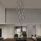 Lámpara de araña cilíndrica negra de 16 luces con esferas de cristal, luces LED regulables y control remoto para techos altos