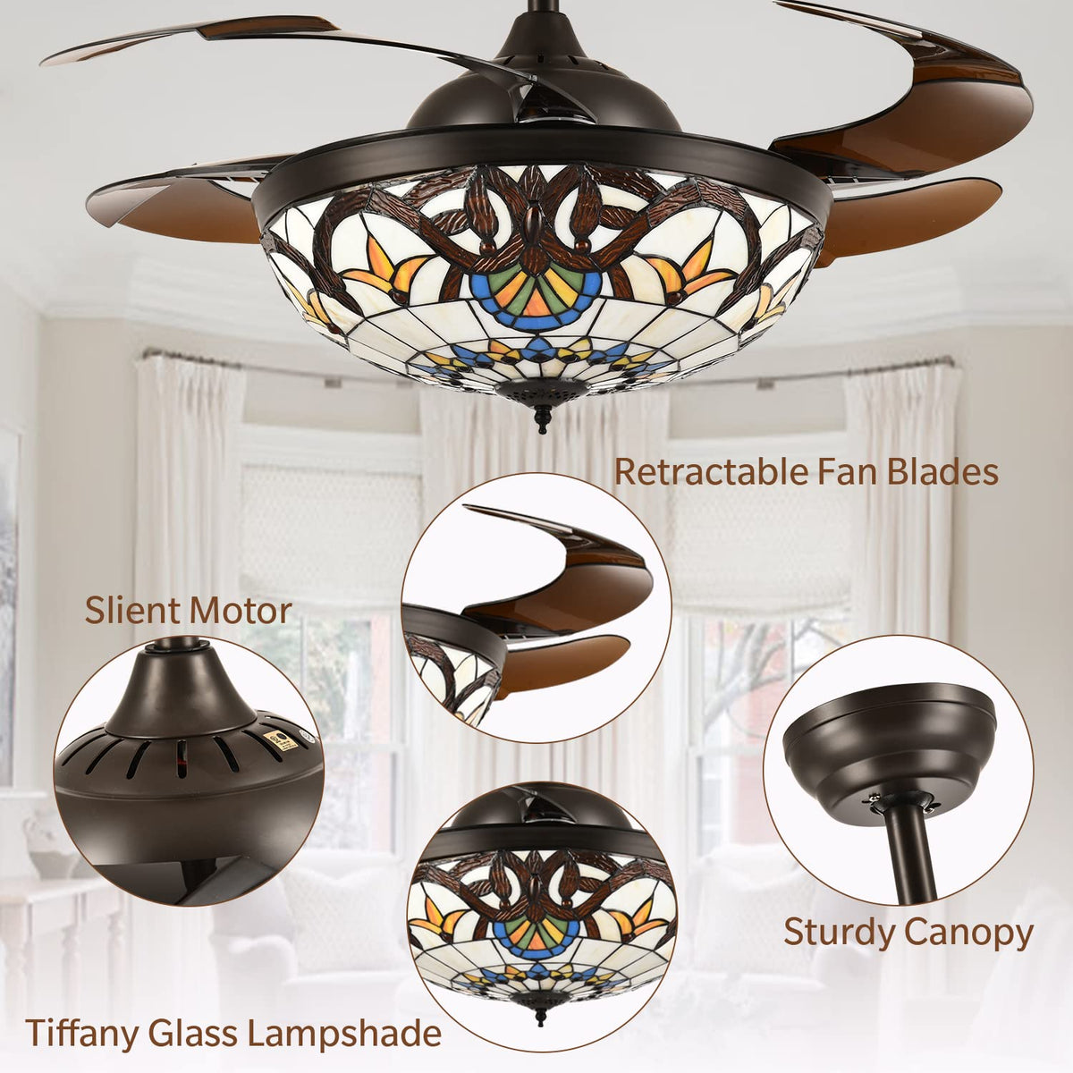 42 in Tiffany Stained Glass Ceiling Fan with Light - Retractable, Remote Control