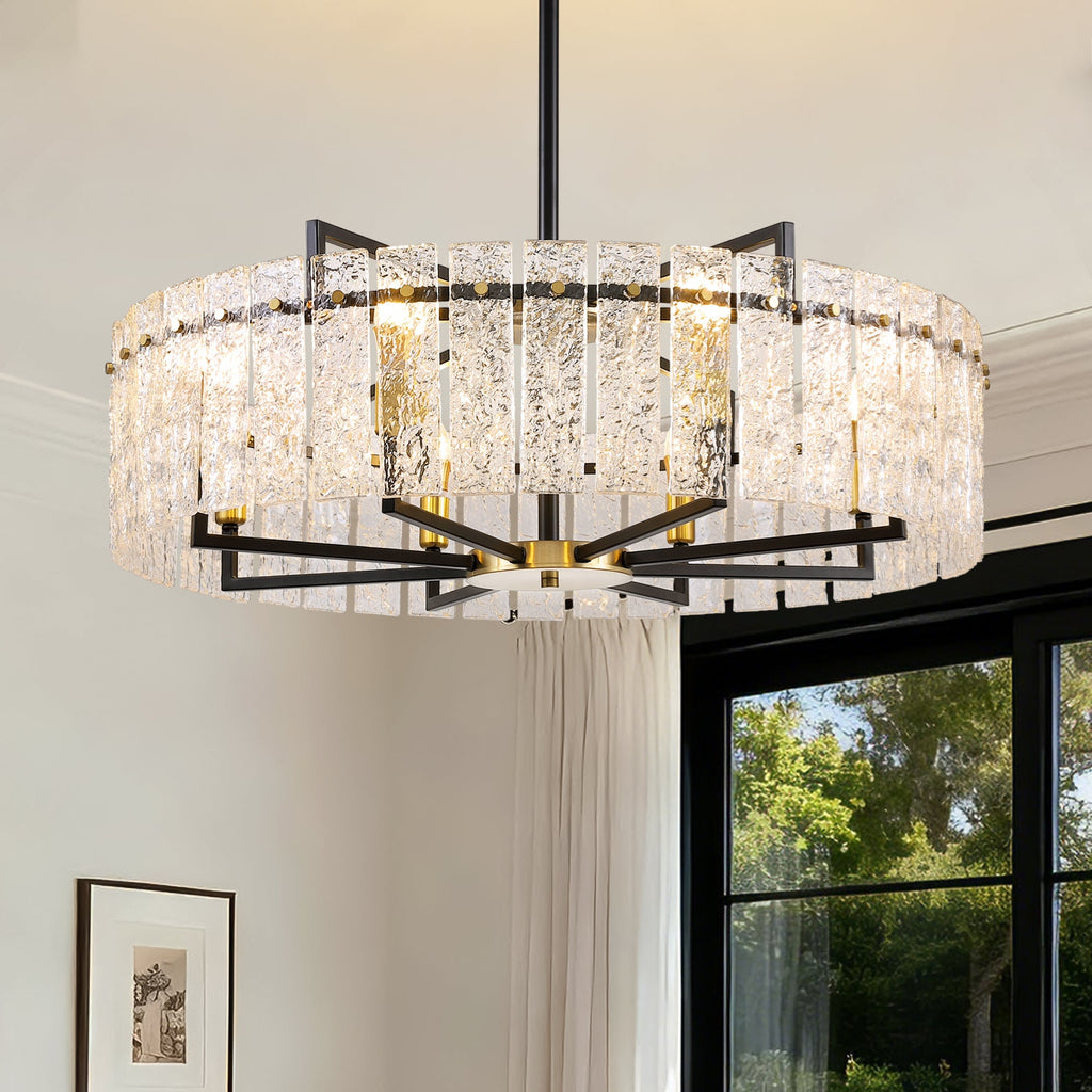 8-Light Dimmable Drum Chandelier with Textured Glass, Modern Lighting for Kitchen Island or Dining Room