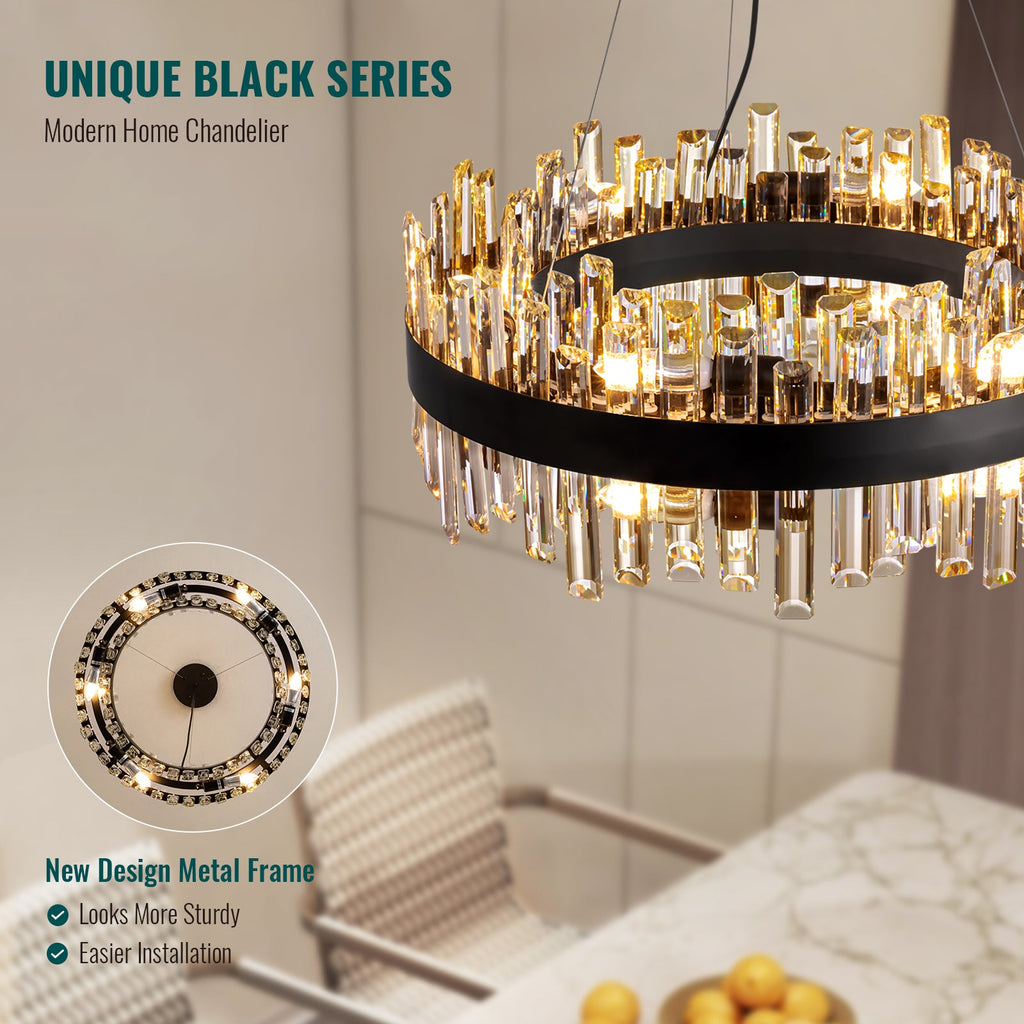 12-Light Modern  Black Crystal Chandelier Circle Round 2-Tiers Chandelier for Dining Living Room Bedroom