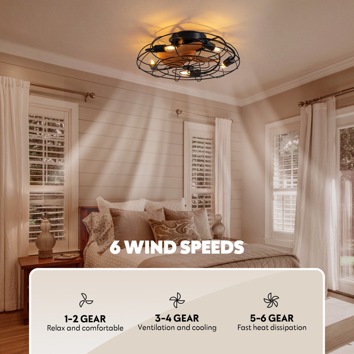 22" Indoor Black Caged Ceiling Fan with Light and Remote for Bedroom Dining Room