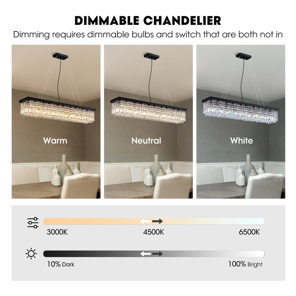 10-Light Dimmable Crystal Rectangle Chandelier for Kitchen Island and Dining Room, Modern Luxury Gold Ceiling Light