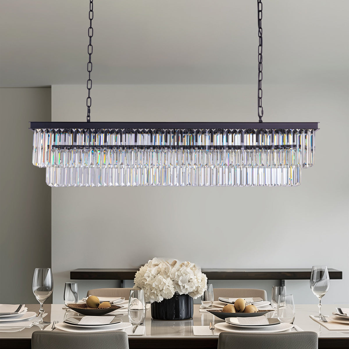 Lámpara de araña rectangular lineal de 8 luces con niveles de cristal negro mate para isla de cocina (bombillas no incluidas)