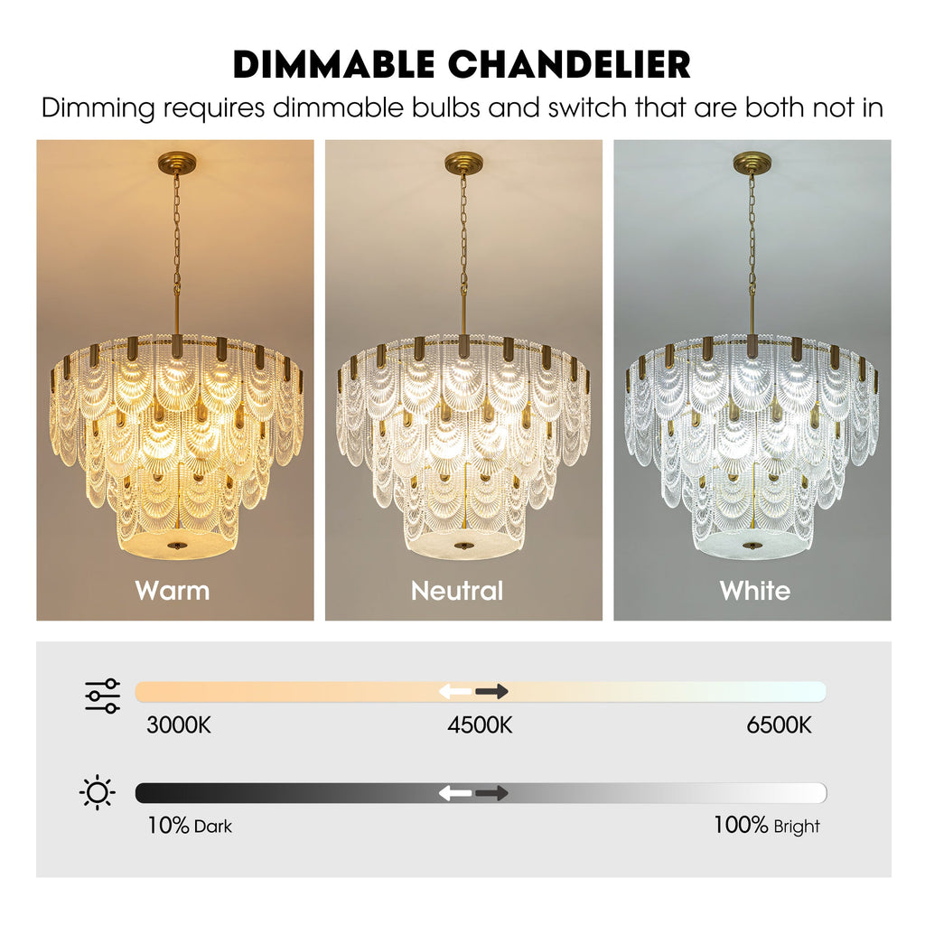 12-Light Modern Electroplated Gold 3-Layer Glass Chandelier Chandelier for Dining Room and Living Room