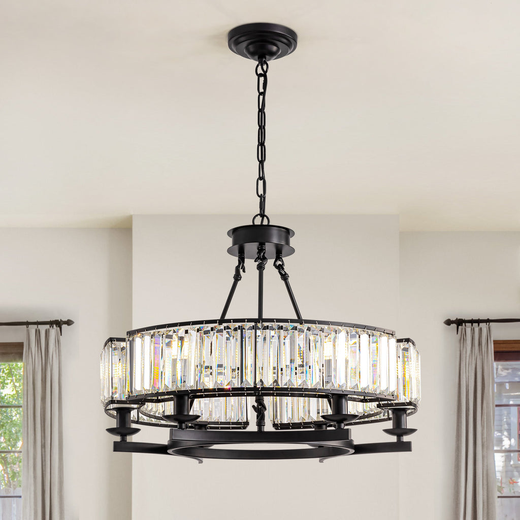 26" Modern 6-Light Farmhouse Crystal Drum Matte Black Wagon Wheel Chandelier Ceiling Semi Flush Mount