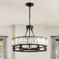 26" Modern 6-Light Farmhouse Crystal Drum Matte Black Wagon Wheel Chandelier Ceiling Semi Flush Mount