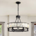 26" Modern 6-Light Farmhouse Crystal Drum Matte Black Wagon Wheel Chandelier Ceiling Semi Flush Mount