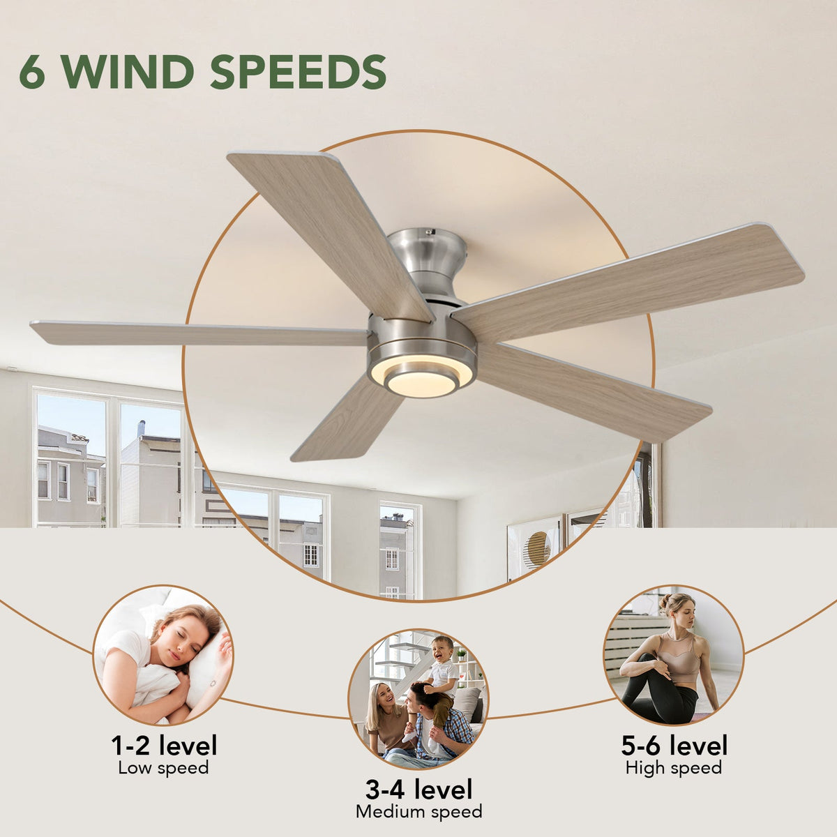 52 in. Smart Indoor Modern Nickel Reversible 5-Blade Low Profile Ceiling Fans with Dimmable Led and Remote Included