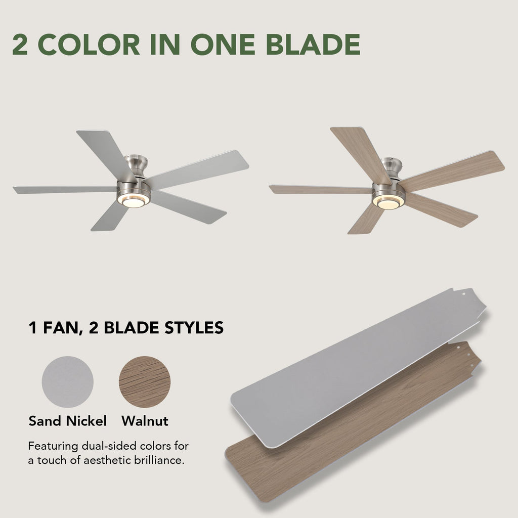 52 in. Smart Indoor Modern Nickel Reversible 5-Blade Low Profile Ceiling Fans with Dimmable Led and Remote Included