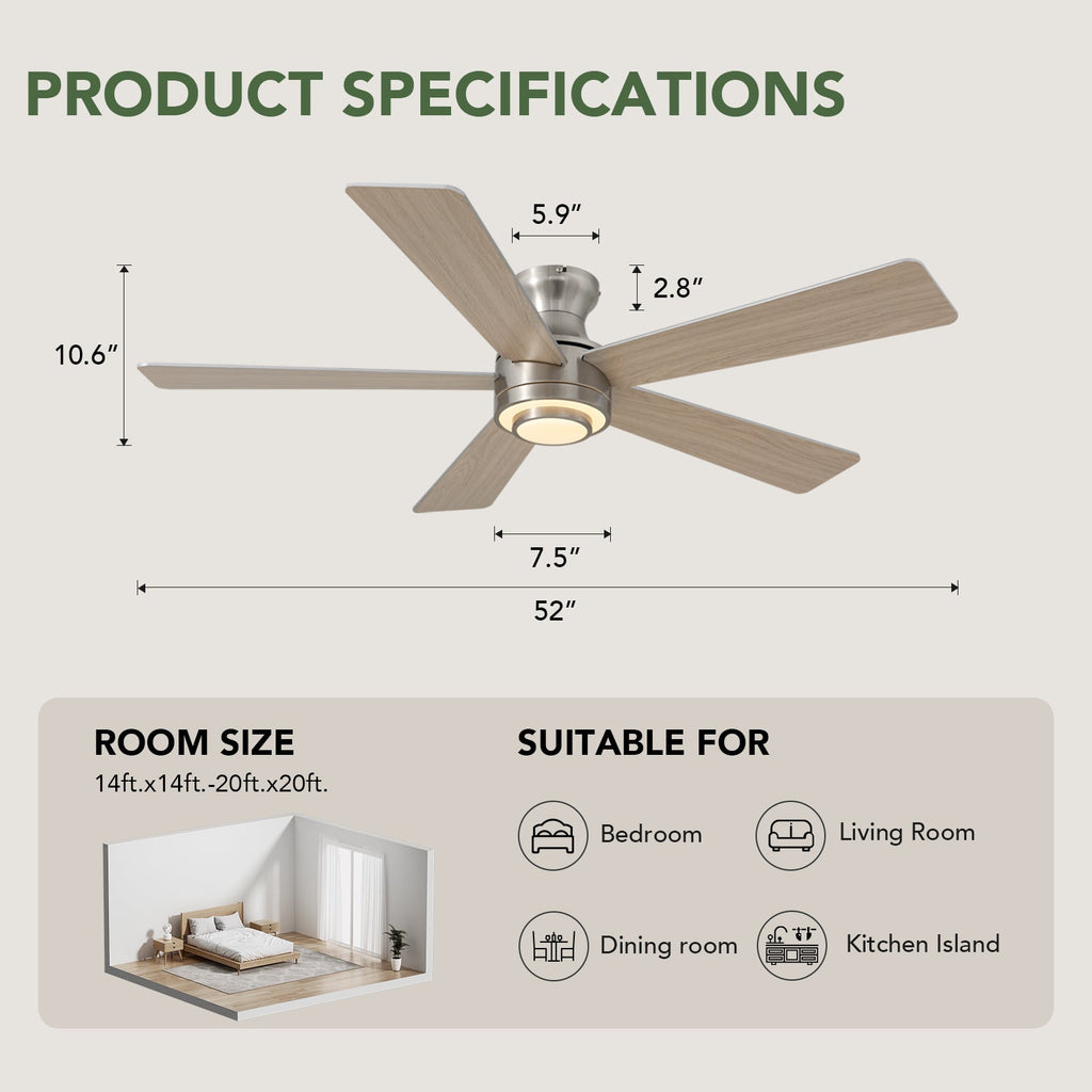 52 in. Smart Indoor Modern Nickel Reversible 5-Blade Low Profile Ceiling Fans with Dimmable Led and Remote Included