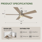 52 in. Smart Indoor Modern Nickel Reversible 5-Blade Low Profile Ceiling Fans with Dimmable Led and Remote Included