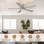 52 in. Smart Indoor Modern Nickel Reversible 5-Blade Low Profile Ceiling Fans with Dimmable Led and Remote Included