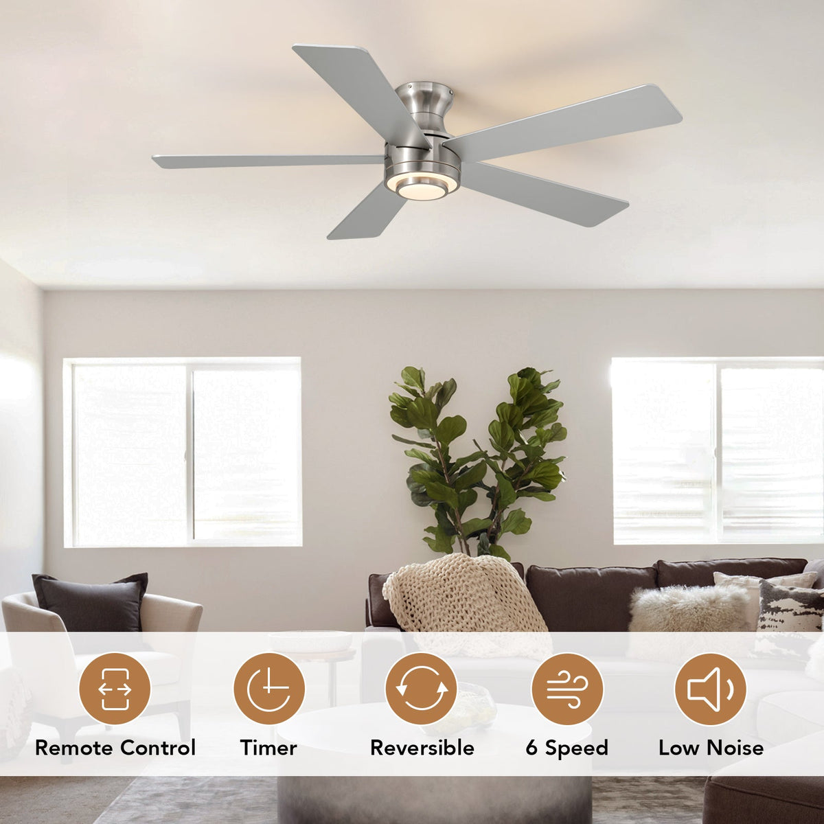 52 in. Smart Indoor Modern Nickel Reversible 5-Blade Low Profile Ceiling Fans with Dimmable Led and Remote Included