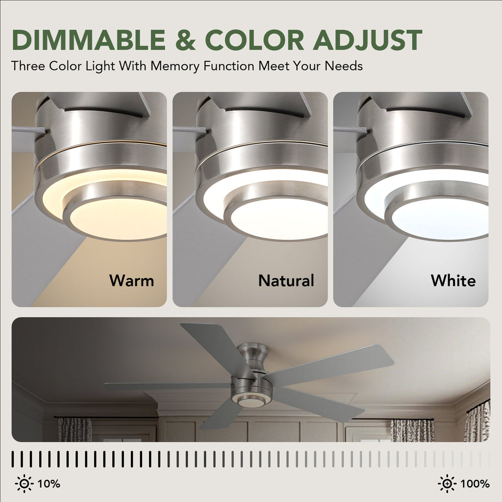 52 in. Smart Indoor Modern Nickel Reversible 5-Blade Low Profile Ceiling Fans with Dimmable Led and Remote Included