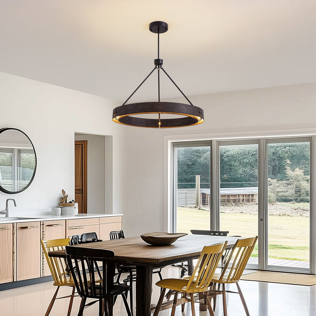 Lámpara de araña rústica redonda con LED integrado, lámpara de techo vintage industrial estilo casa de campo