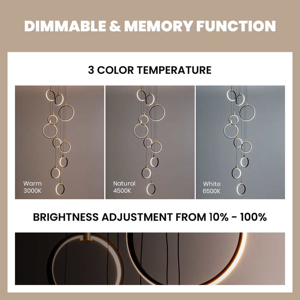 Lámpara de araña geométrica regulable LED de 10 anillos, luz de vestíbulo negra y dorada para techos altos con control remoto y de aplicación