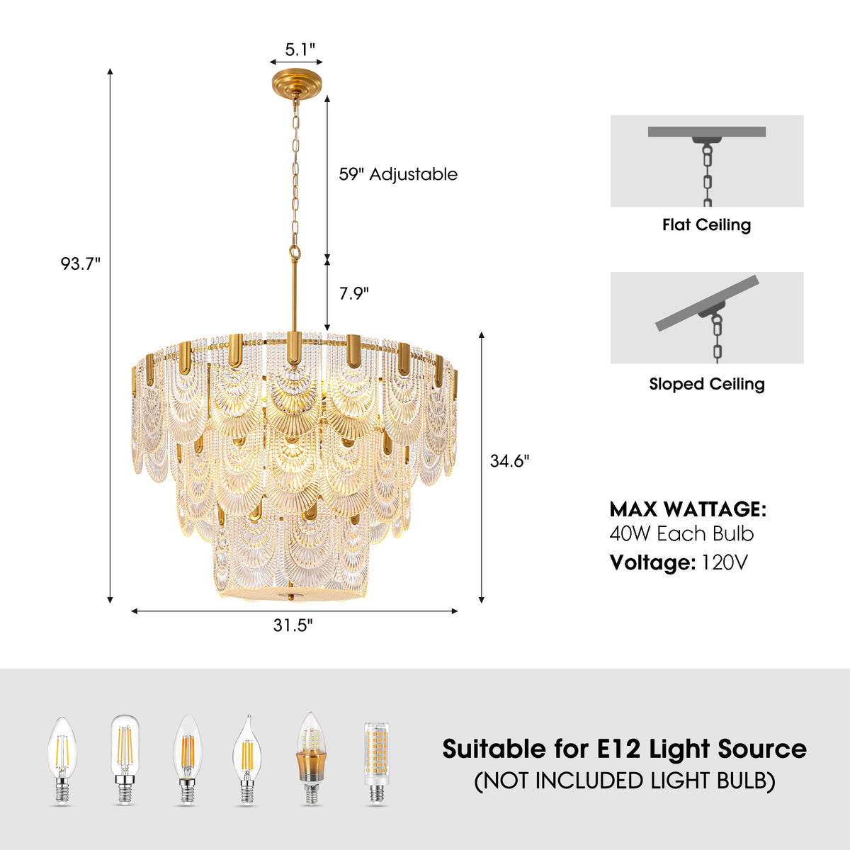 12-Light Modern Electroplated Gold 3-Layer Glass Chandelier for Dining Room and Living Room