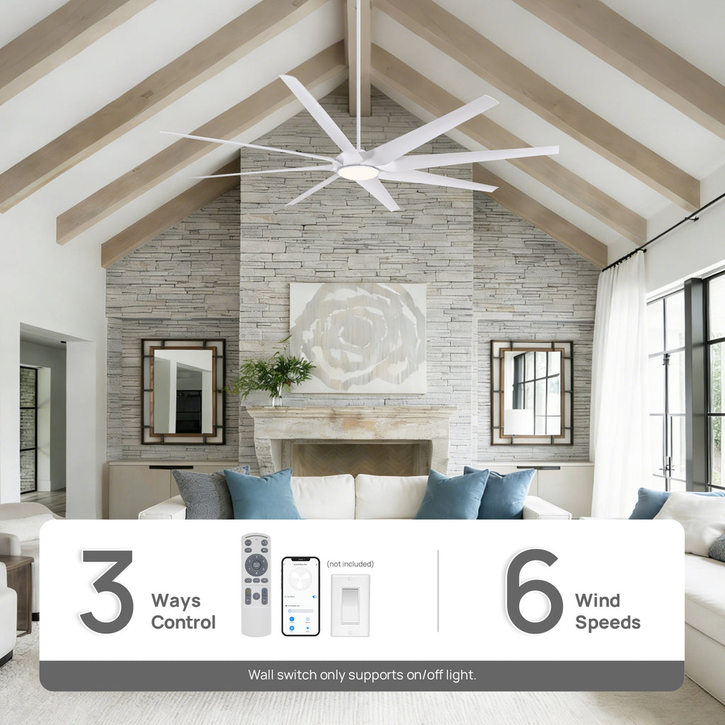 100" Smart Indoor White Industrial Large Downrod 8-Blade Ceiling Fans with Lights and Remote Dimmable