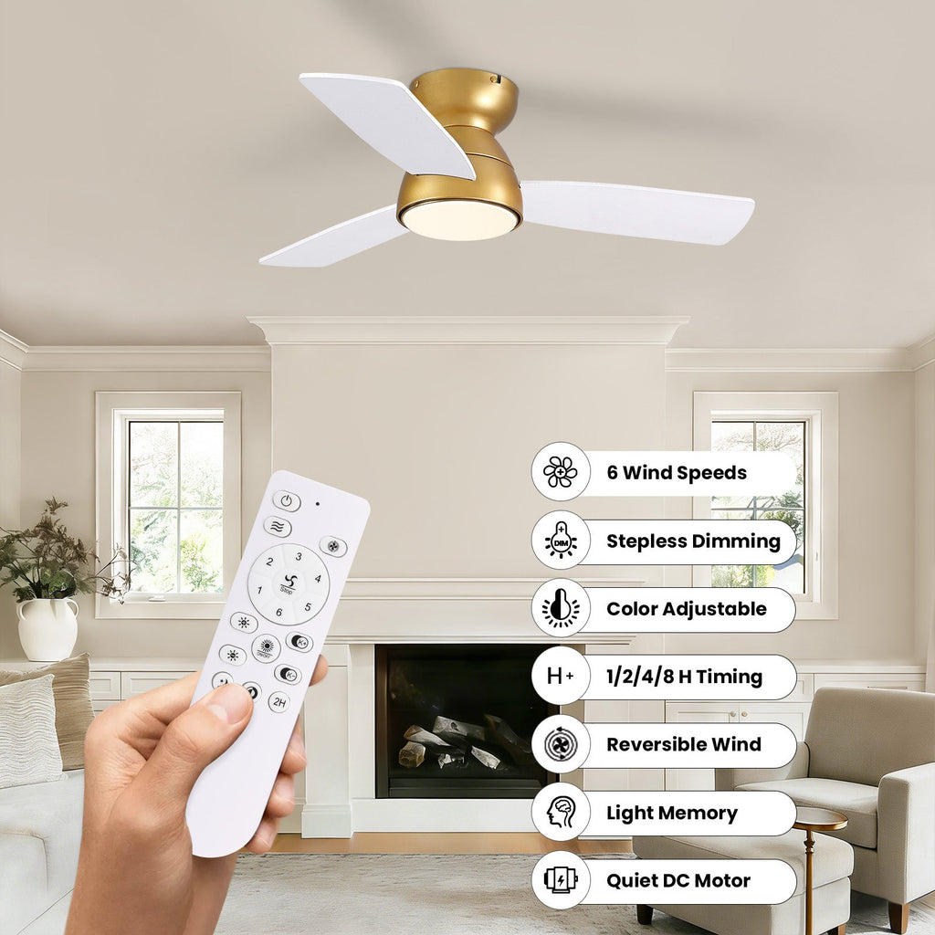 32in Ceiling Fan with Light and Remote/APP Controls, Low Profile Bedroom Fans with Reversible Motor