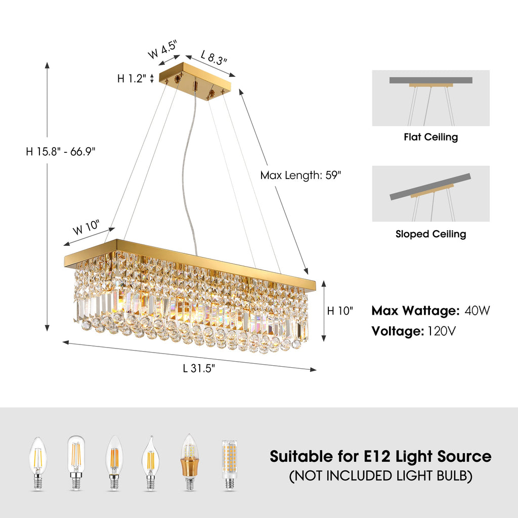 Modern Crystal Dimmable Kitchen Island Gold Rectangle Chandeliers / Living Room Chandelier