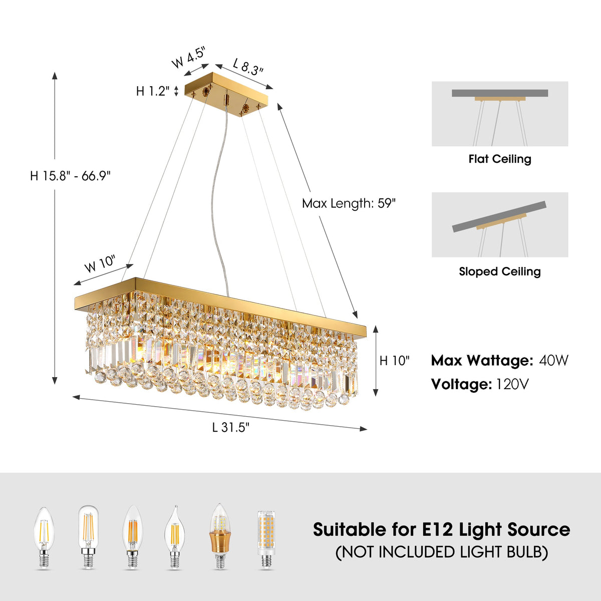 Modern Crystal Dimmable Kitchen Island Gold Rectangle Chandeliers / Living Room Chandelier