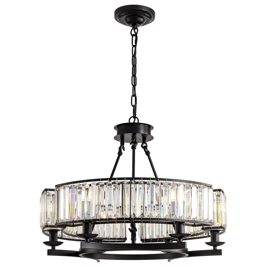 26" Modern 6-Light Farmhouse Crystal Drum Matte Black Wagon Wheel Chandelier Ceiling Semi Flush Mount