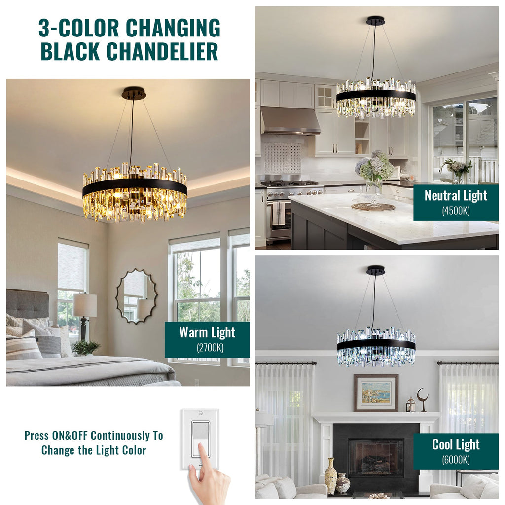12-Light Modern  Black Crystal Chandelier Circle Round 2-Tiers Chandelier for Dining Living Room Bedroom