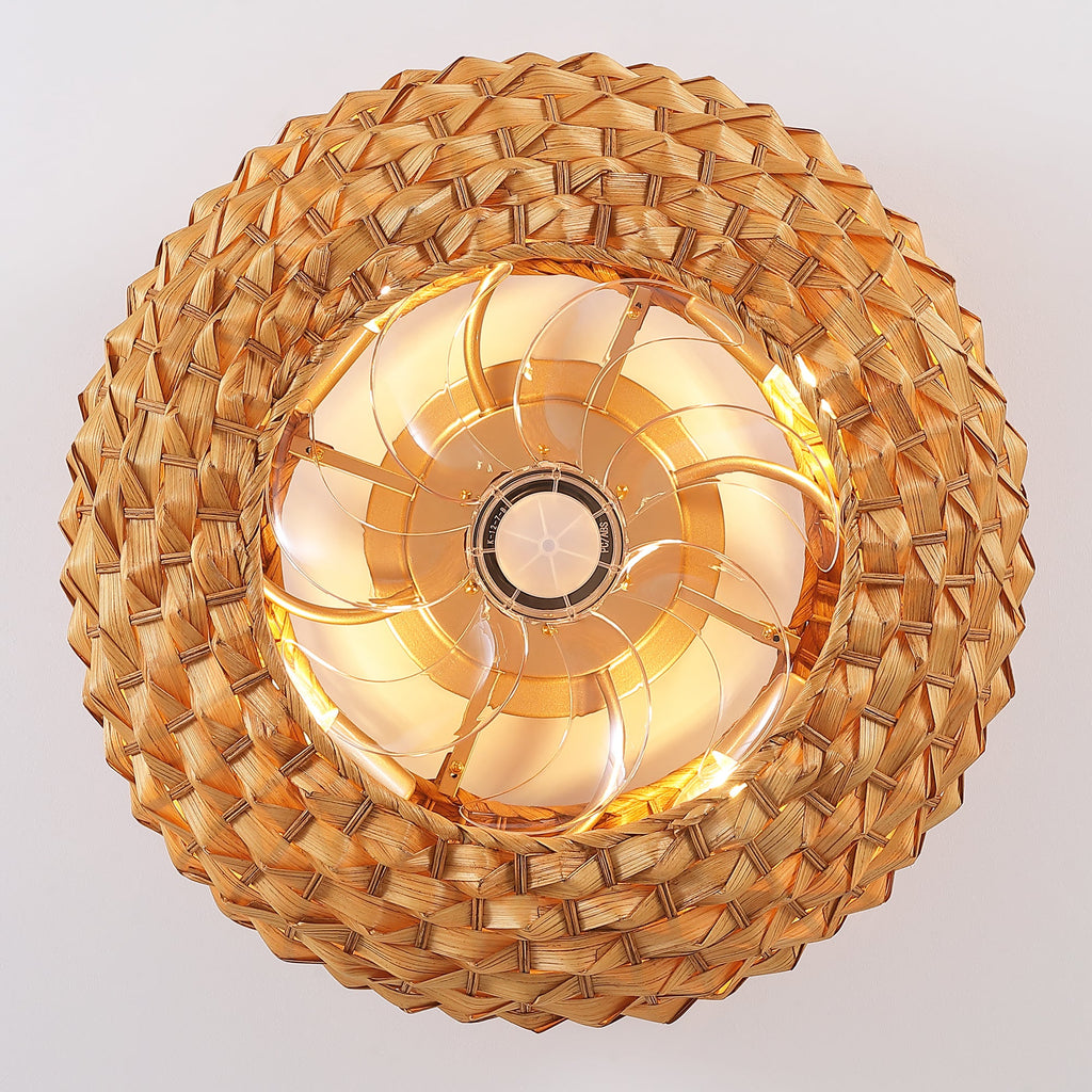 Ventilador de techo Boho de bambú de 20" con luz, ventilador de montaje empotrado con pantalla tejida y control remoto, motor de CC silencioso para habitaciones pequeñas