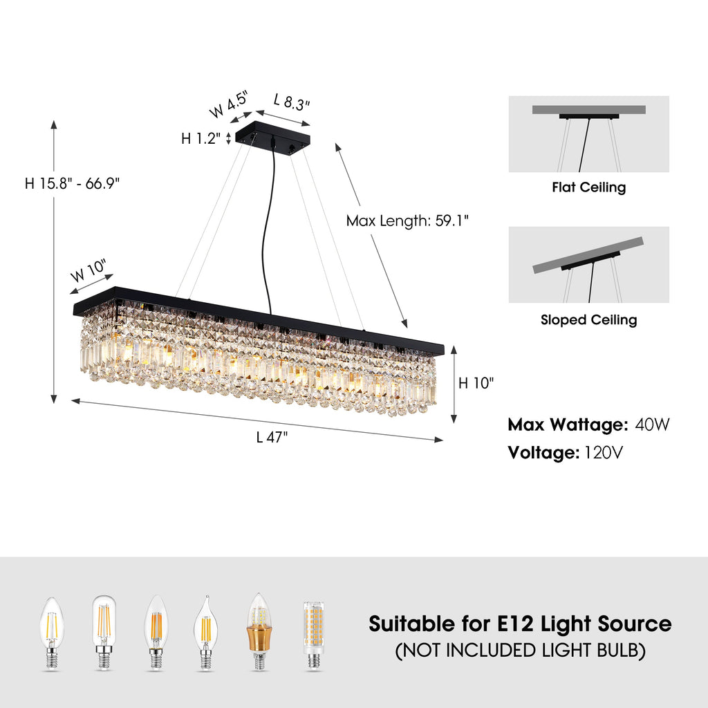 10-Light Dimmable Crystal Rectangle Chandelier for Kitchen Island and Dining Room, Modern Luxury Gold Ceiling Light