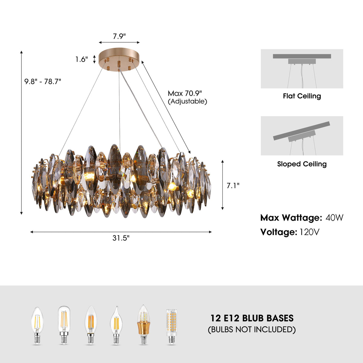 Lámpara de araña de cristal con forma de tambor regulable de 12 luces