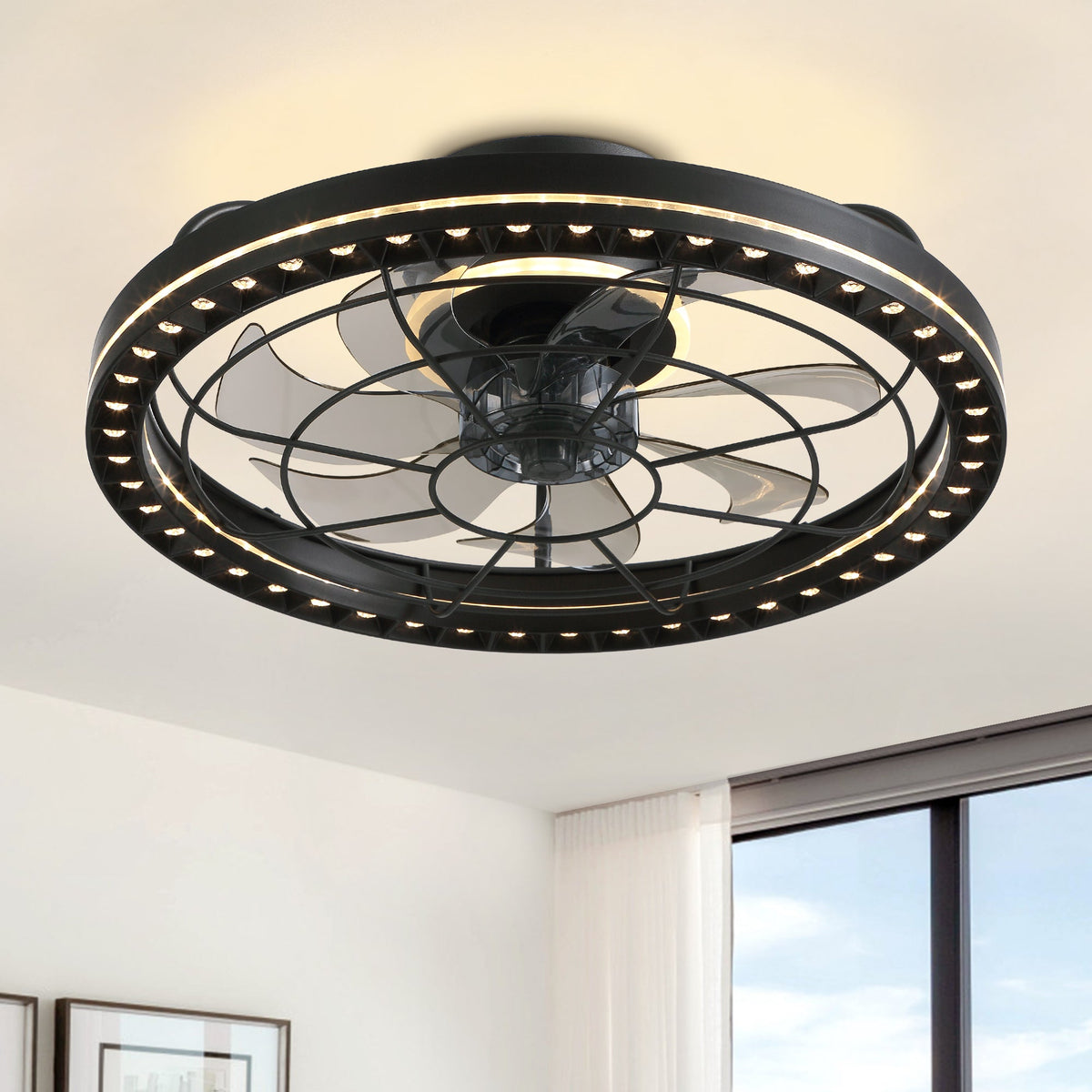 19" Indoor Black Low Profile Caged Ceiling Fan with Lights and Remote