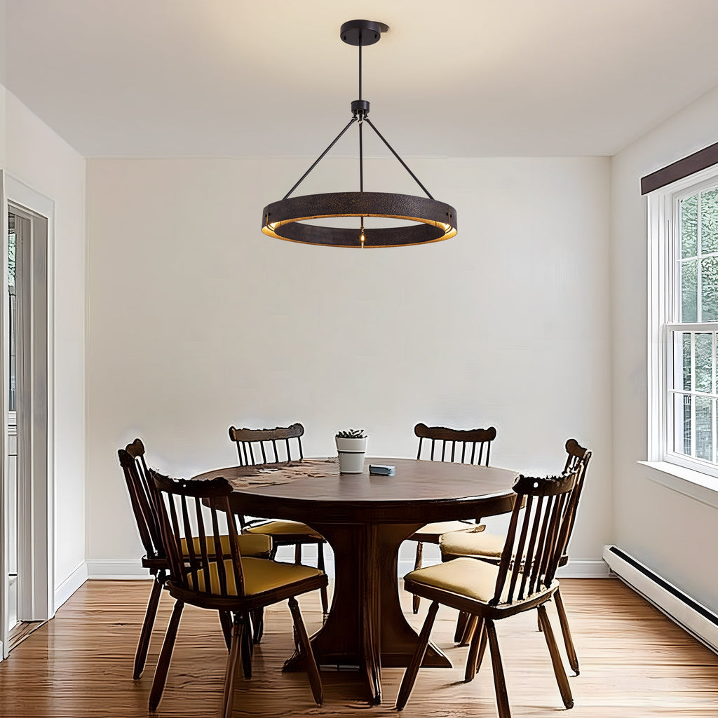 Lámpara de araña rústica redonda con LED integrado, lámpara de techo vintage industrial estilo casa de campo