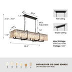Lámpara de araña rectangular moderna con 7 luces, regulable, de cristal negro, para comedor