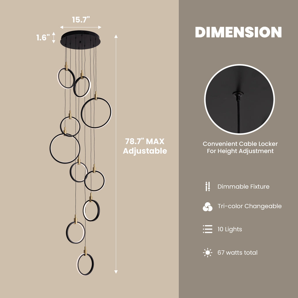 Lámpara de araña geométrica regulable LED de 10 anillos, luz de vestíbulo negra y dorada para techos altos con control remoto y de aplicación