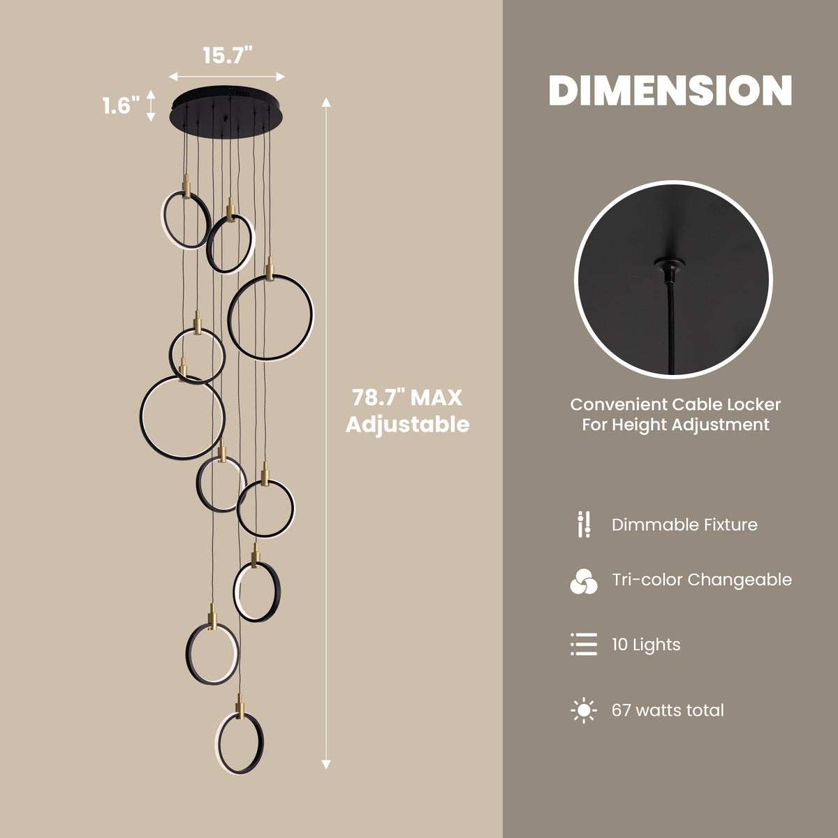 Lámpara de araña geométrica regulable LED de 10 anillos, luz de vestíbulo negra y dorada para techos altos con control remoto y de aplicación
