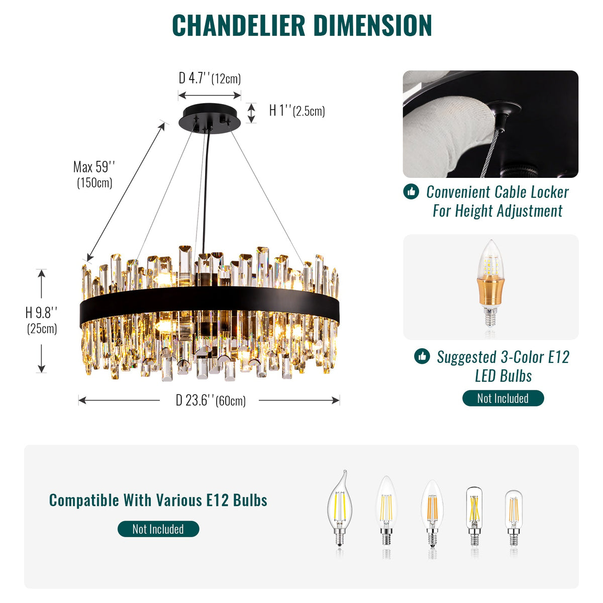 12-Light Modern Black Crystal Chandelier, Circle Round 2-Tier Chandelier for Dining Living Room Bedroom